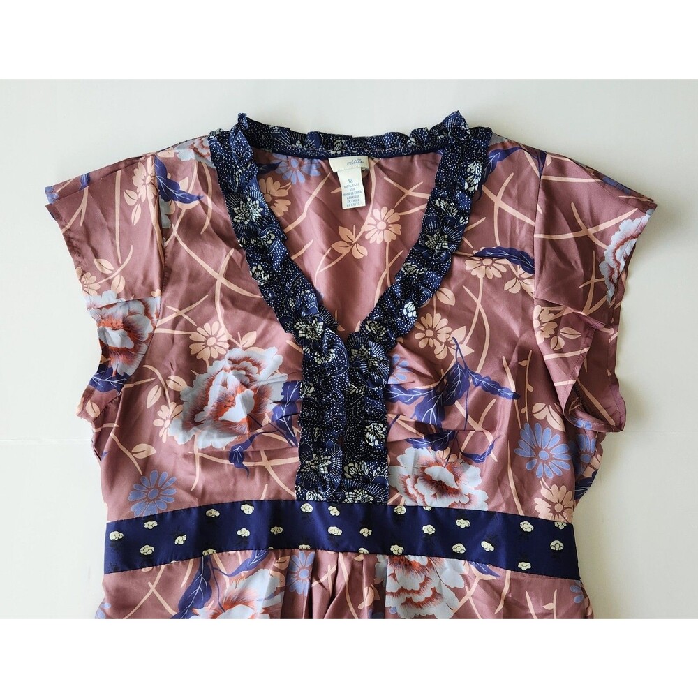 Anthropologie Odille Silk Floral Blouse Ruffle Trim Empire Waist Babydoll - 12 - Picture 3 of 10